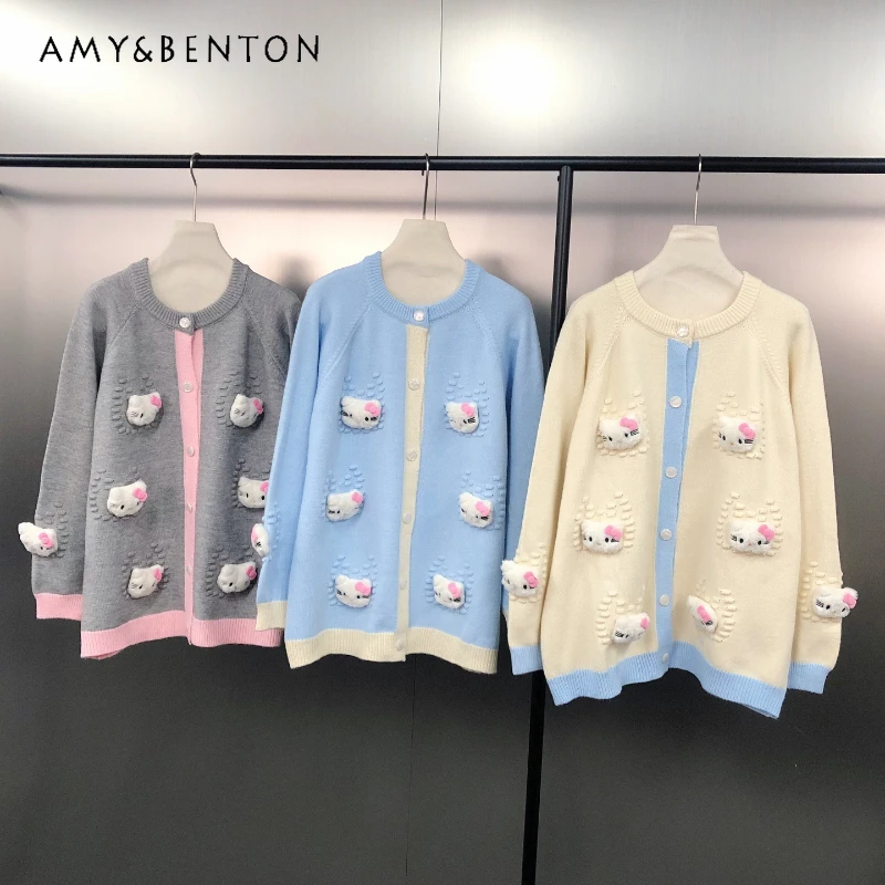 

Autumn Winter New Korean Style Soft Girl 3D Cartoon Decor Sweater Jacket Cute Age-Reducing Loose Versatile Top Cardigan Ladies