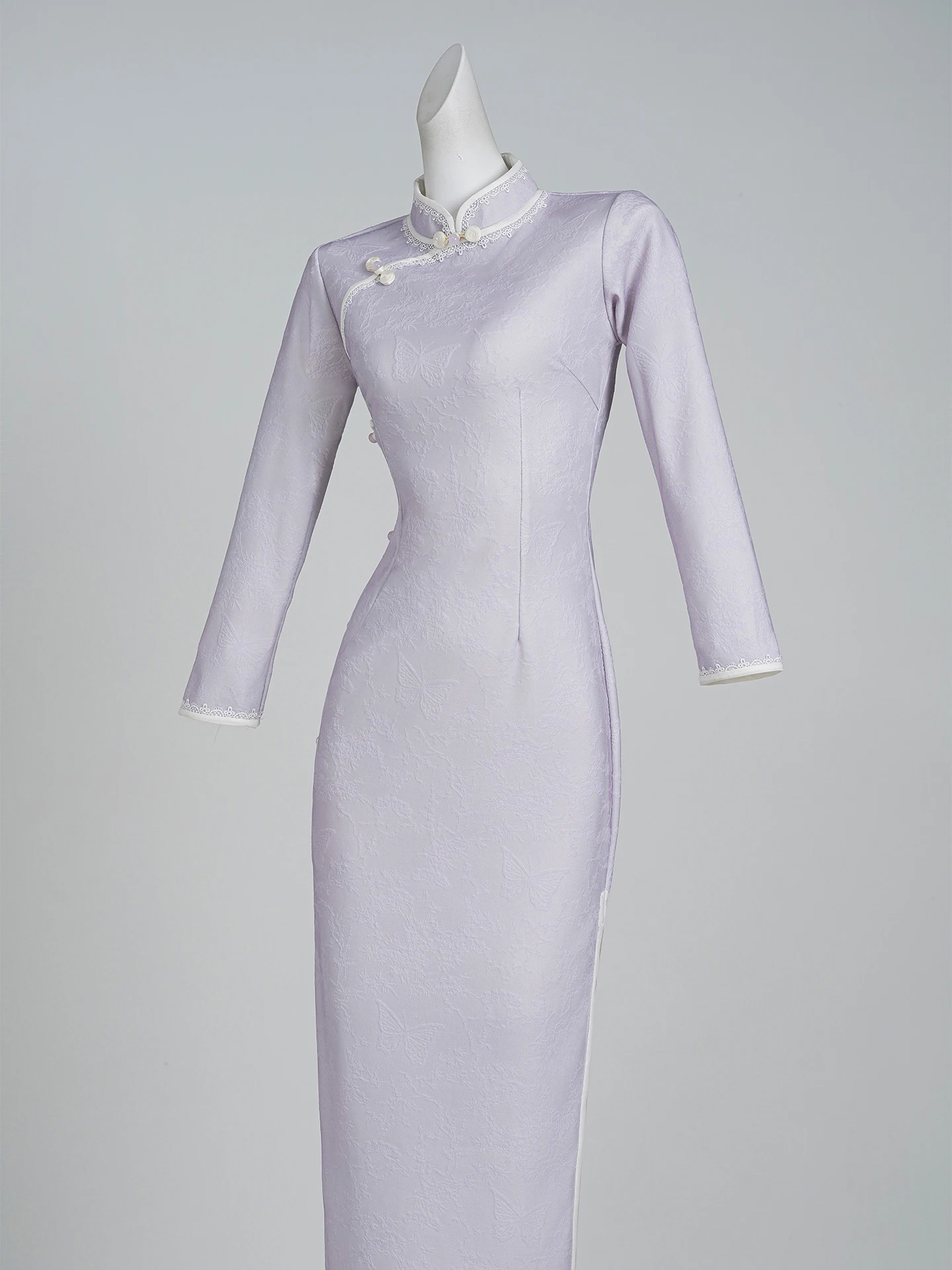 

Ele Purple Long Sve Qipao Dr Autumn Faionable Chinese Sle Daily Wear Low Slit Warmth Comfortable Long Gown