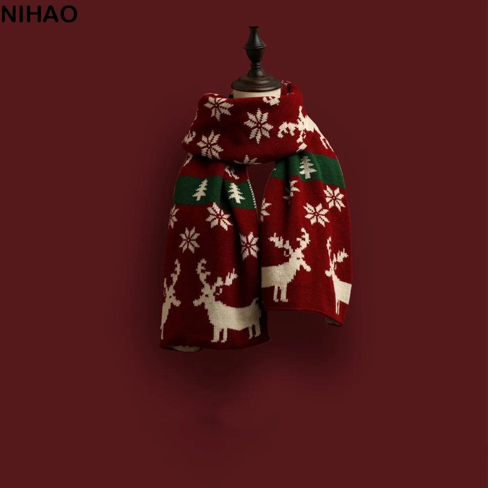 Sweet Elk Christmas Neckerchief Thicken Deer Scarves Women Gifts Long Wraps Knitted Scarf Autumn Winter