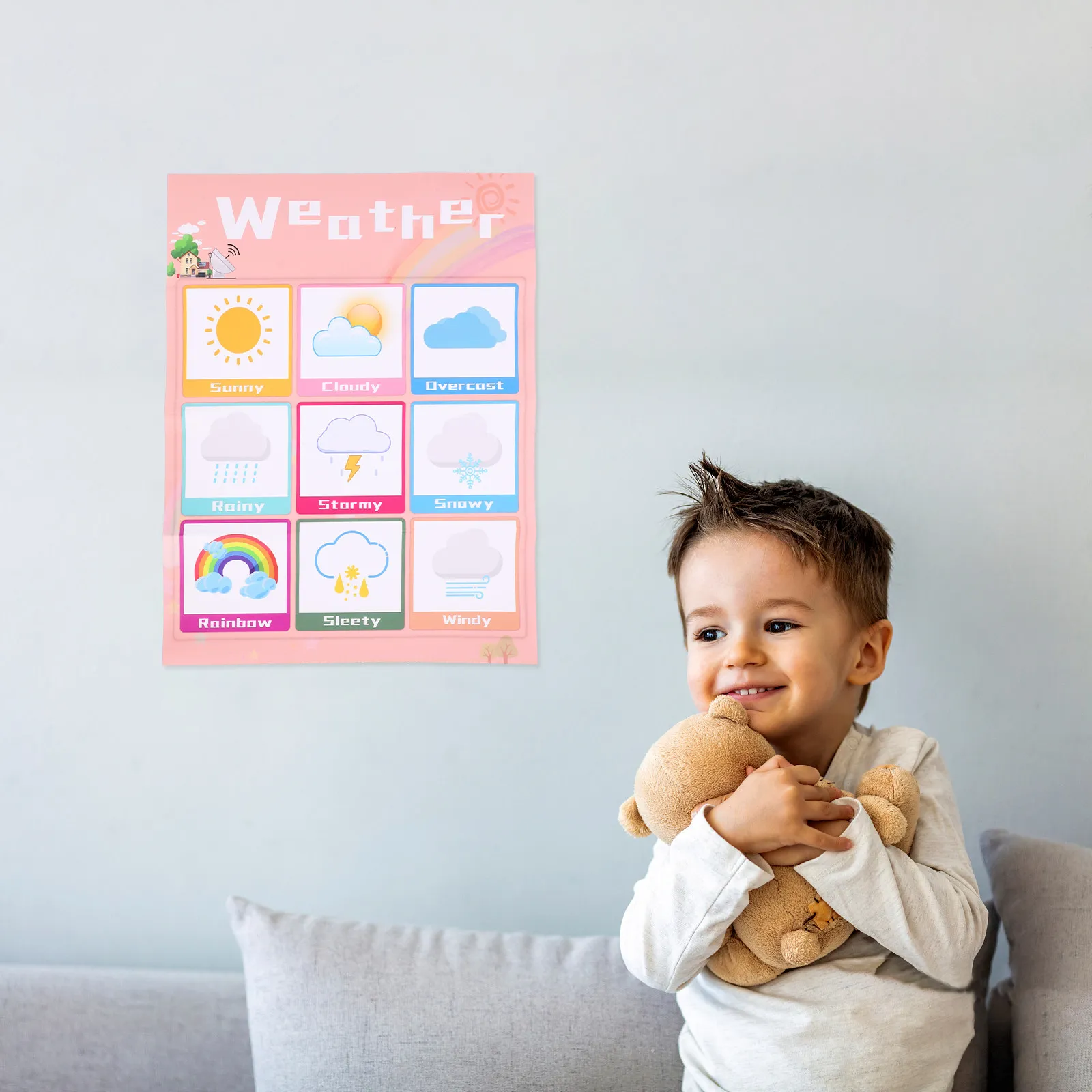 1Pcs Preschool Education Chart English Hanging Poster Clear Pattern Learning Nursery Classroom Decor Fun Interactive
