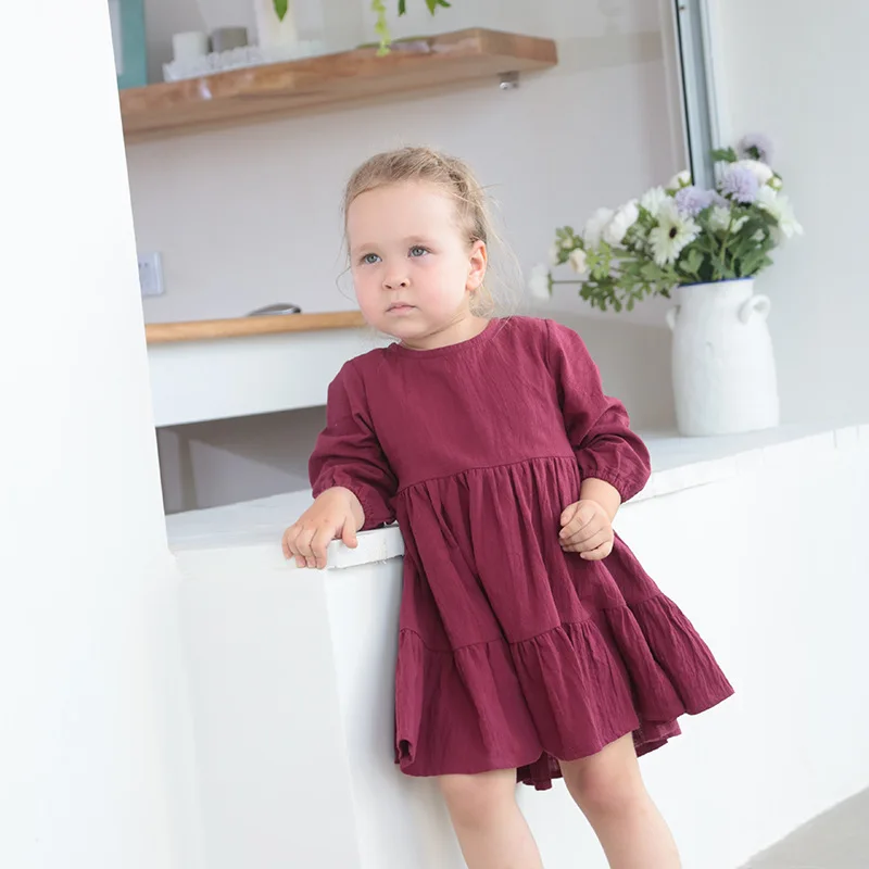 

2025 New Children's Dress Long Sleeved Cotton Linen Children's Dress European and American Solid Color Girls' Jumpsuit
