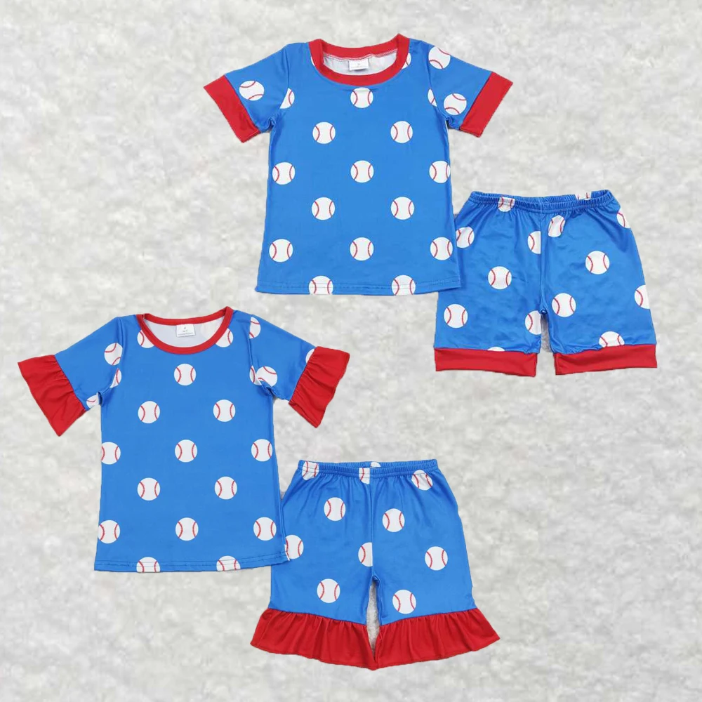 Wholesale hot sale children’s clothing for Baby Boys and Girls Clothes Baseball lace red and blue short-sleeved shorts suit