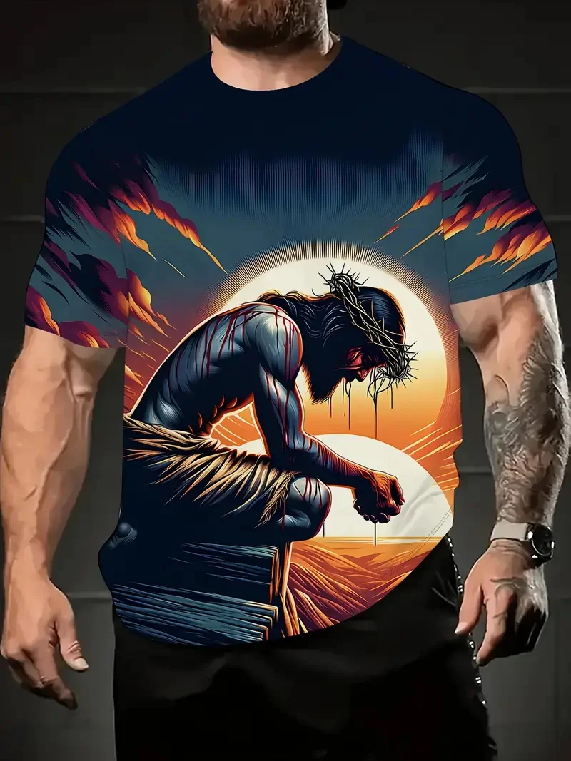 الرجال ثلاثية الأبعاد يسوع تي شيرت مطبوع كم قصير عادية طاقم الرقبة الصلاة الأيدي تصميم التي شيرت للرجال جديد في المتضخم تي شيرت بلايز