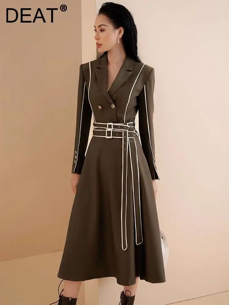 

DEAT Elegant Dress Contrast Color Line Notched Collar Long Sleeve Belt Waist Women's Windbreak Dresses 2024 Autumn New 13DB3041