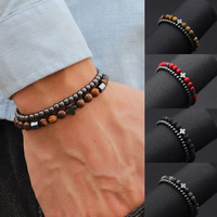 Stylish 2Pcs/set Cross Men Bracelet 6mm Howlite Map Tiger Eyes Stone 4mm Hematite Beads Braslet Leisure Charm Hombre Pulseira