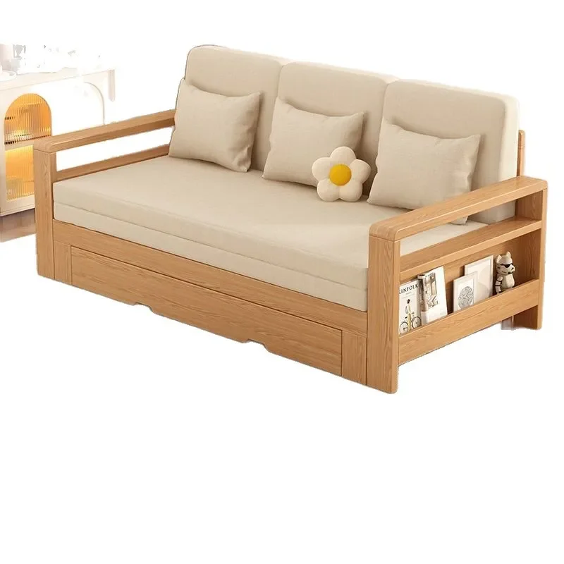 New rubber wood sofa bed movable multi-functional solid wood sofa folding integrated living room telescopic push-pull sofa