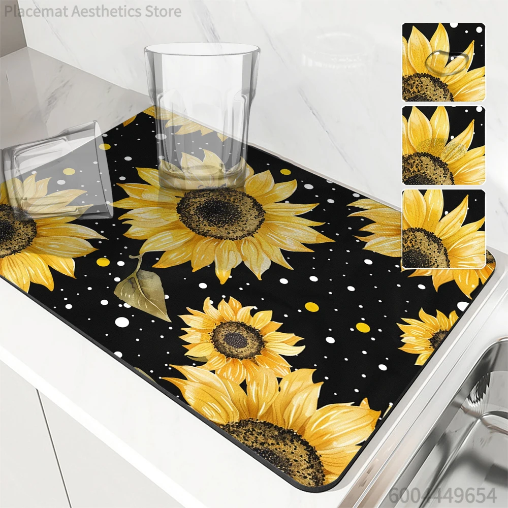 Absorbent Mat Starry Sunflowers Kitchen Antiskid Drying Mat Quick Dry Bathroom Drain Pad Tableware Mat
