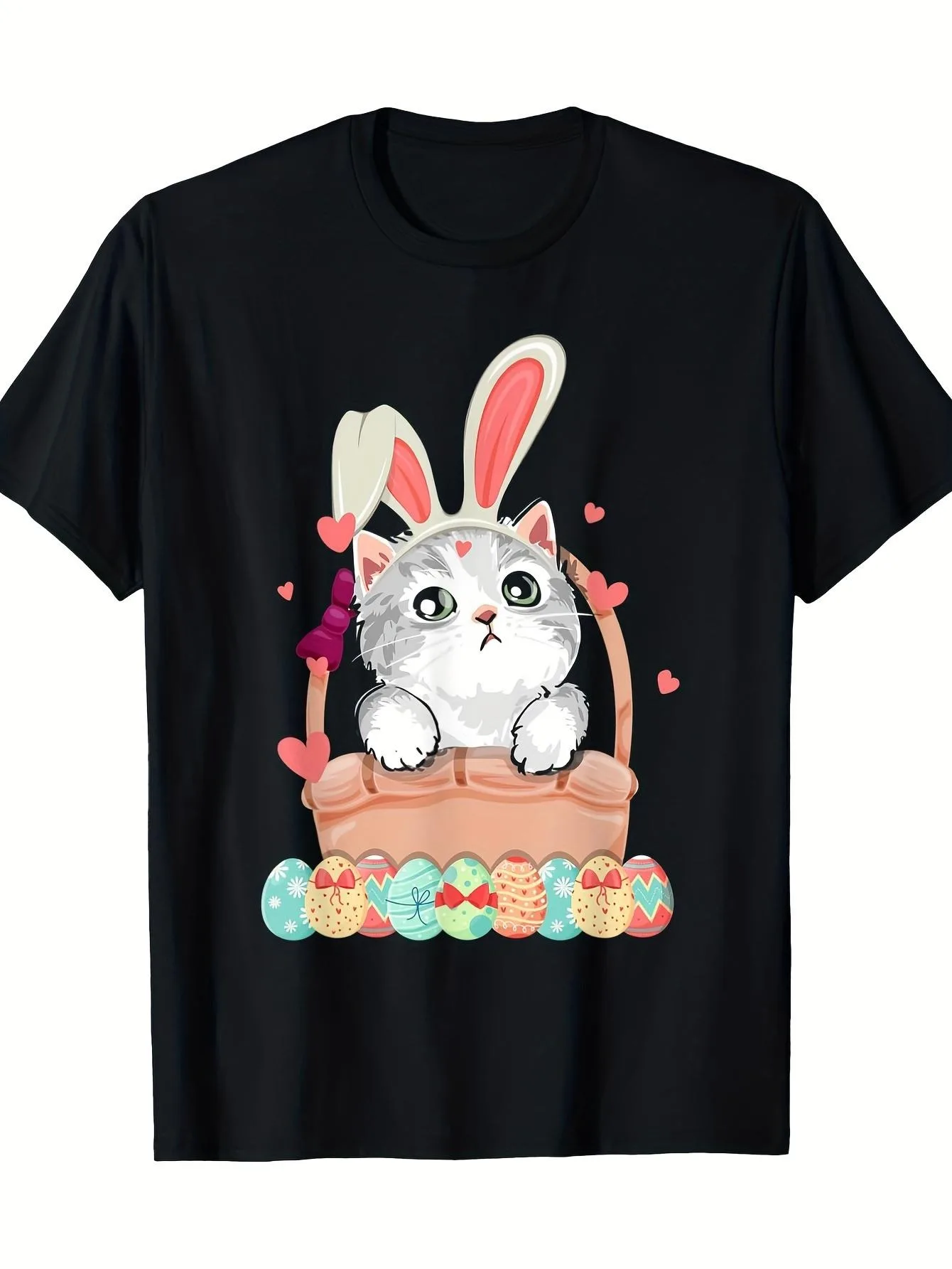Men's and Women's Matching Vintage Easter Bunny and Cat Easter Egg Print T-Shirt - Short-sleeved Round-neck Casual Top T Shirt