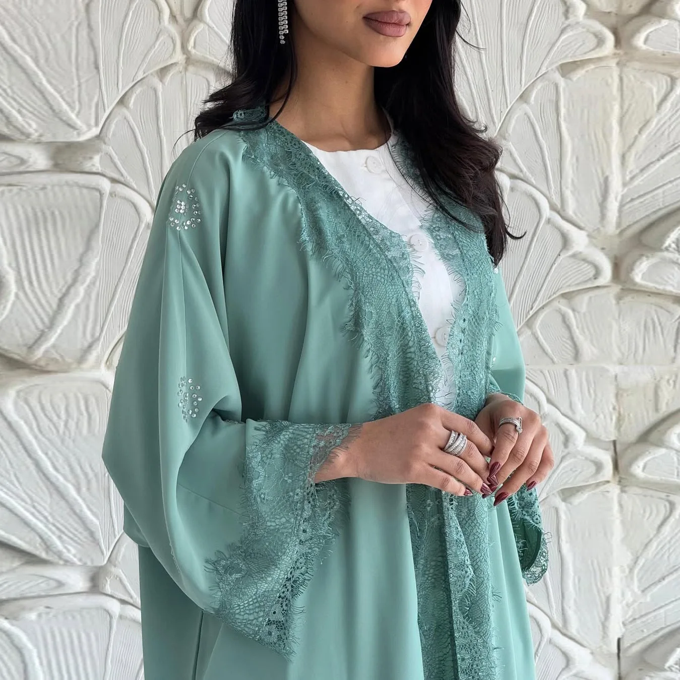 

Beaded Open Abaya Lace Trimmings Islamic Clothing Long Dress Muslim Arabic Modest Kaftan Outfit Party Outwear Robe