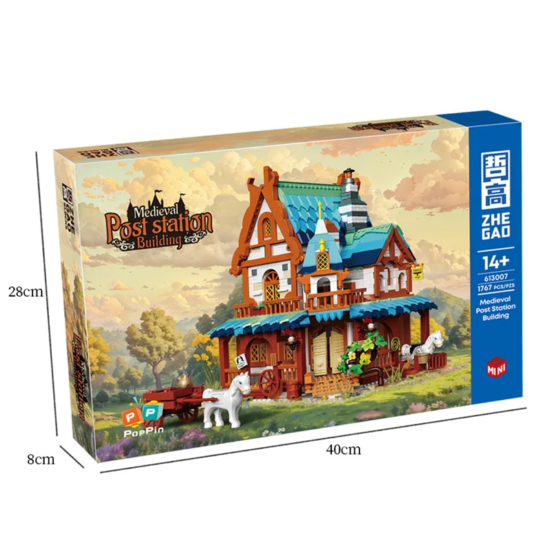 Middeleeuwse bouwstenen voor poststations met lamp Gemonteerde blokhut architectuurstenen set Klassiek houten huismodel 14+ speelgoed