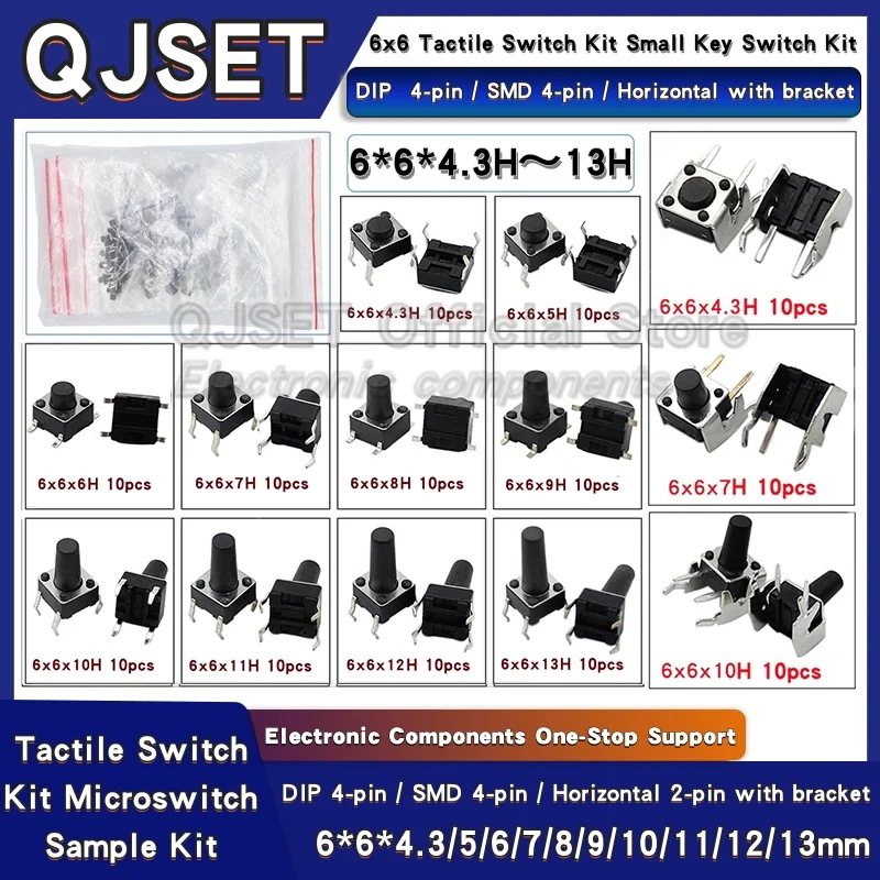 

70/100pcs 6*6 Switch Tactile Pushbutton Switch Kit Height:4.3 5-13MM DIP 4pin SMD Micro Switch 6x6 Pushbutton Switch For Arduino