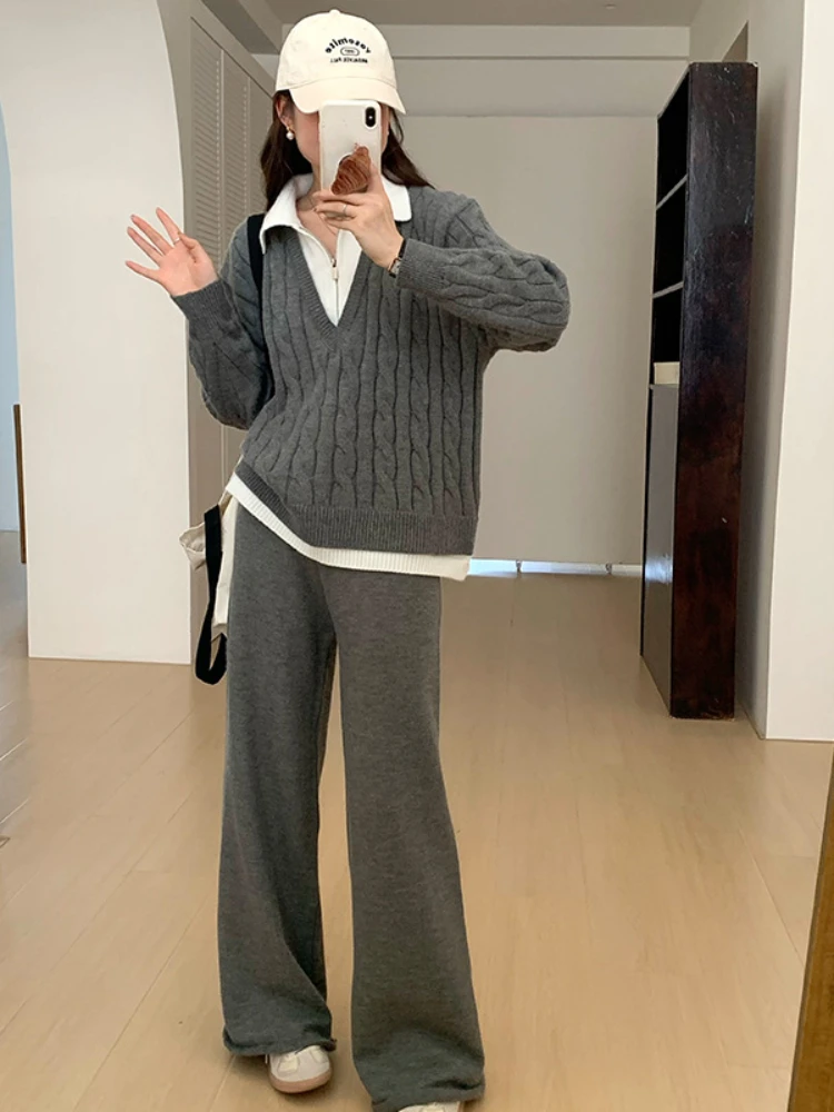 Fashion Winter Two-piece Sweater Women Casual V-Neck Pullover Clothing Loose Fake Two Items Short Tops Loose Pants Jumper Suit