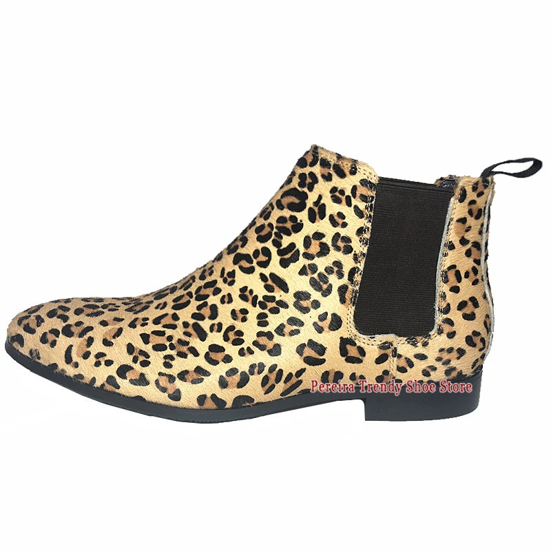 Men's Light Leopard Print Horsehair Chelsea Boots British Style Cowhide Pointy Toe Slip-On Ankle Boots Trendy Party Dress Shoes