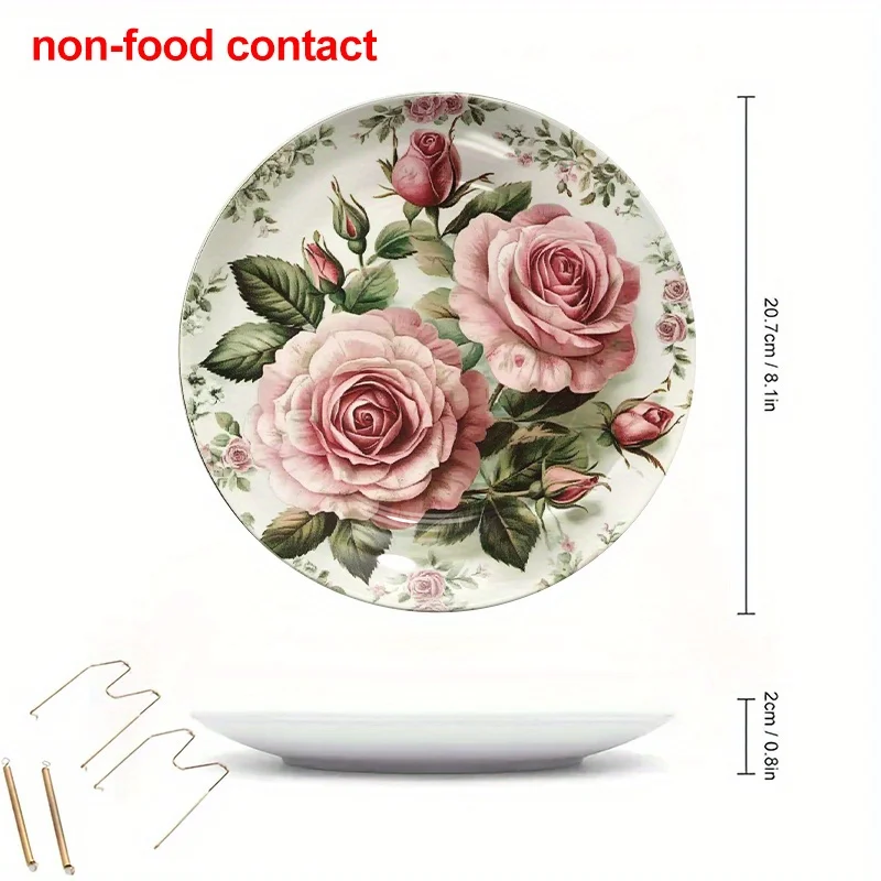 1pc Vintage  Roses Round Ceramic Hanging Wall Art Plate, 8Inch Modern Mural Home Decor, Jewelry Display Tray for Necklace and