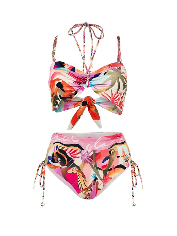 Fashion Tropical Flower And Bird Print Sexy Thin Style Lace-up Split Swimwear Bikini And Cover Up 2023 Summer Women Newest