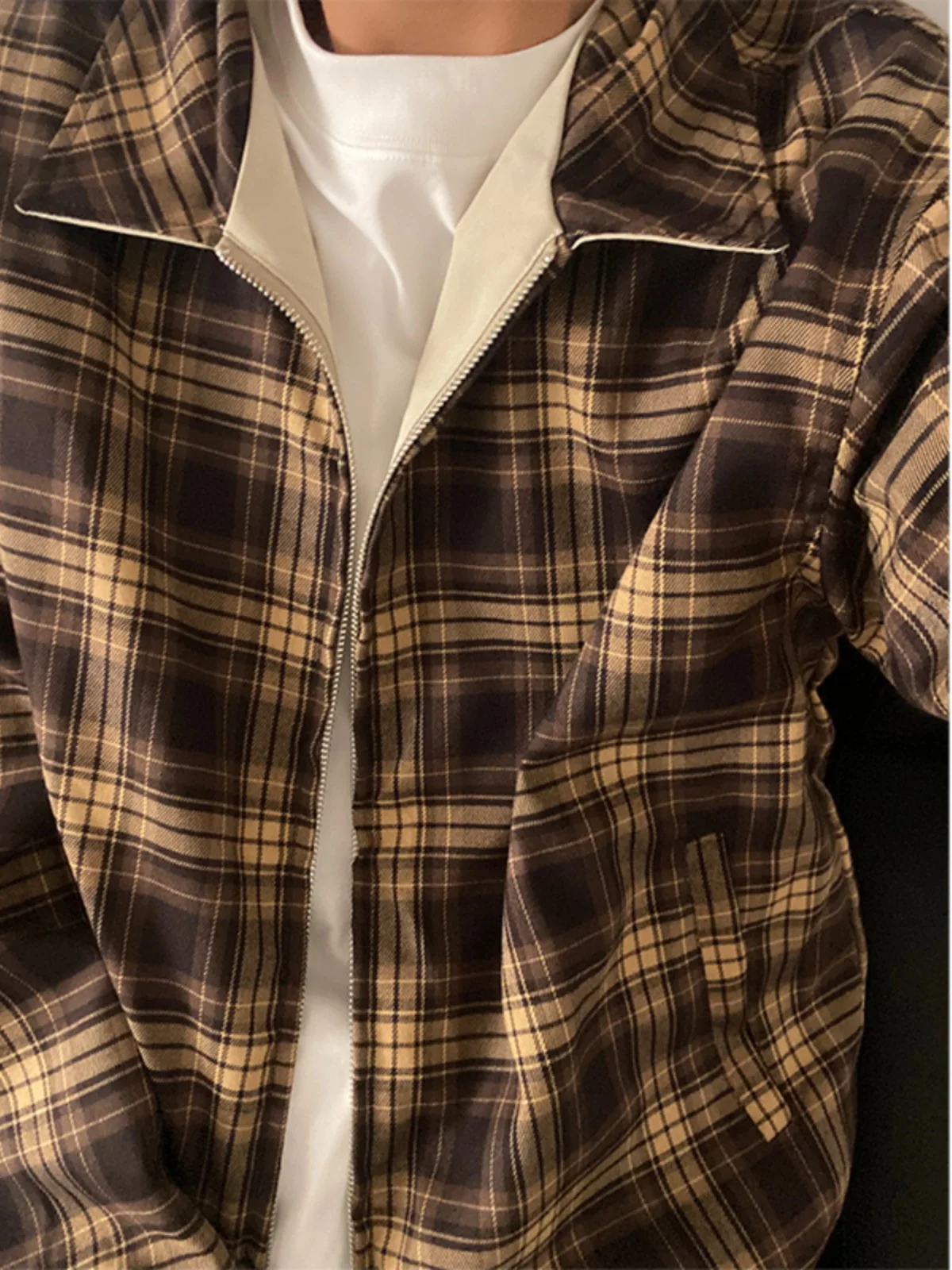 

American Retro Plaid Double-Sided Wear Couple Jaet Casual Loose Versatile Men Women Sle Autumn New Leisure Outerwear