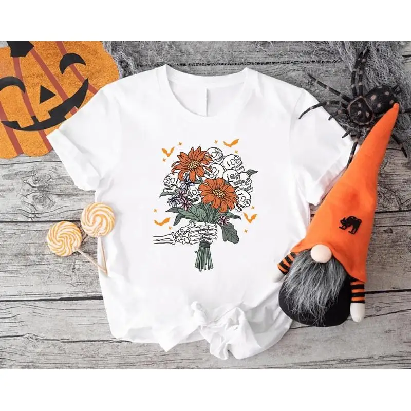 

Skull Bouquet T Shirt Skeleton Flowers Halloween For Women Gothic Floral Whimsigoth Fall