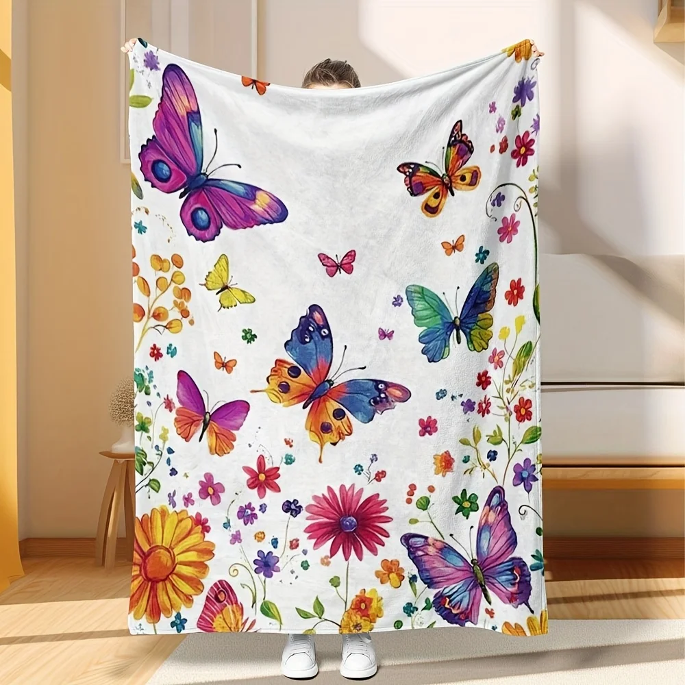 Decorative Butterfly Floral Print Throw Blanket Nursery Decor Baby Picnic Lap Throw Boho Summer Kids Cozy Chunky Knit Bedding