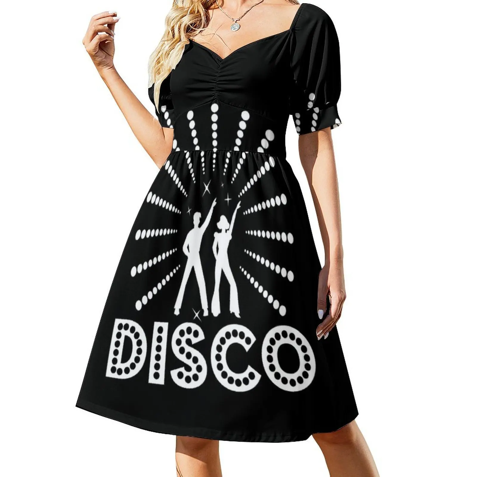 الأبيض والأسود 70S ديسكو حفلة ديسكو ديسكو موضة نمط Preppy فستان قصير للنساء ألف خط فضفاض صالح فستان يوم غير رسمي Disko #2