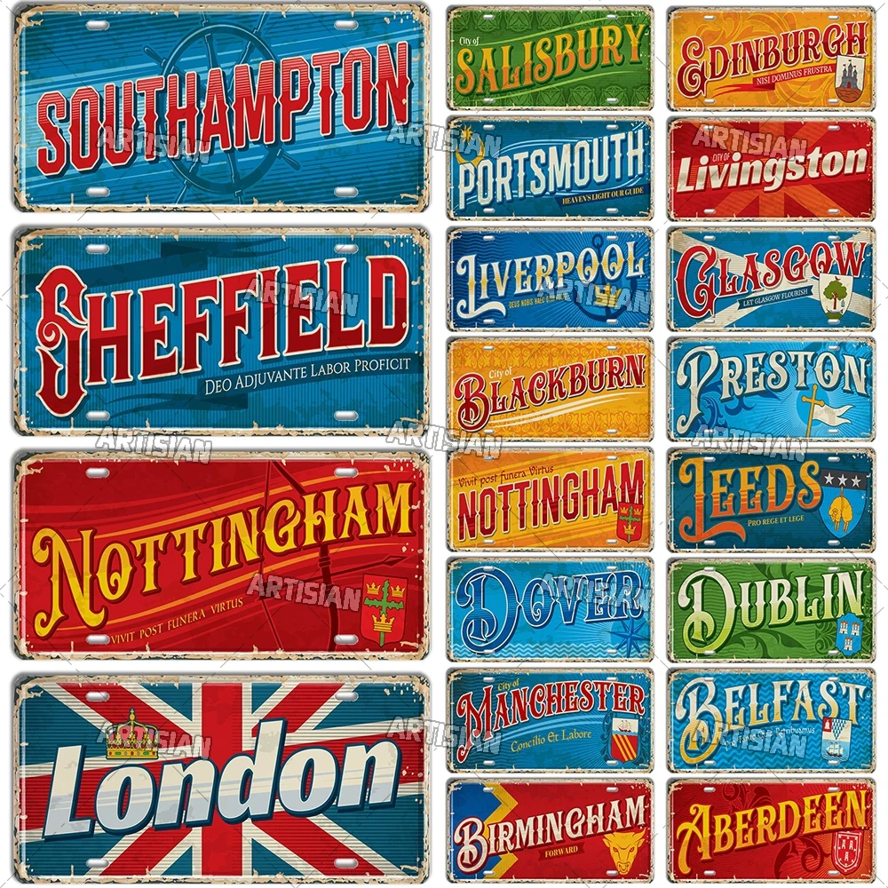 Artisian Britain Landmark License Plate England Scotland Northern Ireland Wales City Metal Sign UK United Kingdom Vehicle Plate