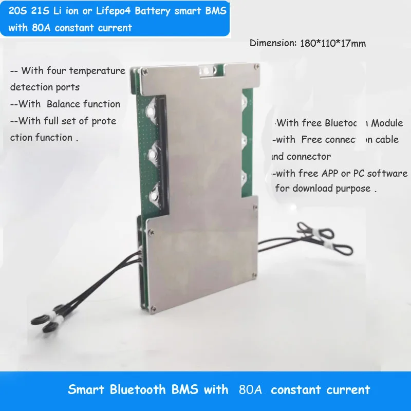 72V or 60 V  Smart bluetooth BMS with 80A constant discharge current UART software PCB for 20S or 21S Li ion or Lifepo4 Battery