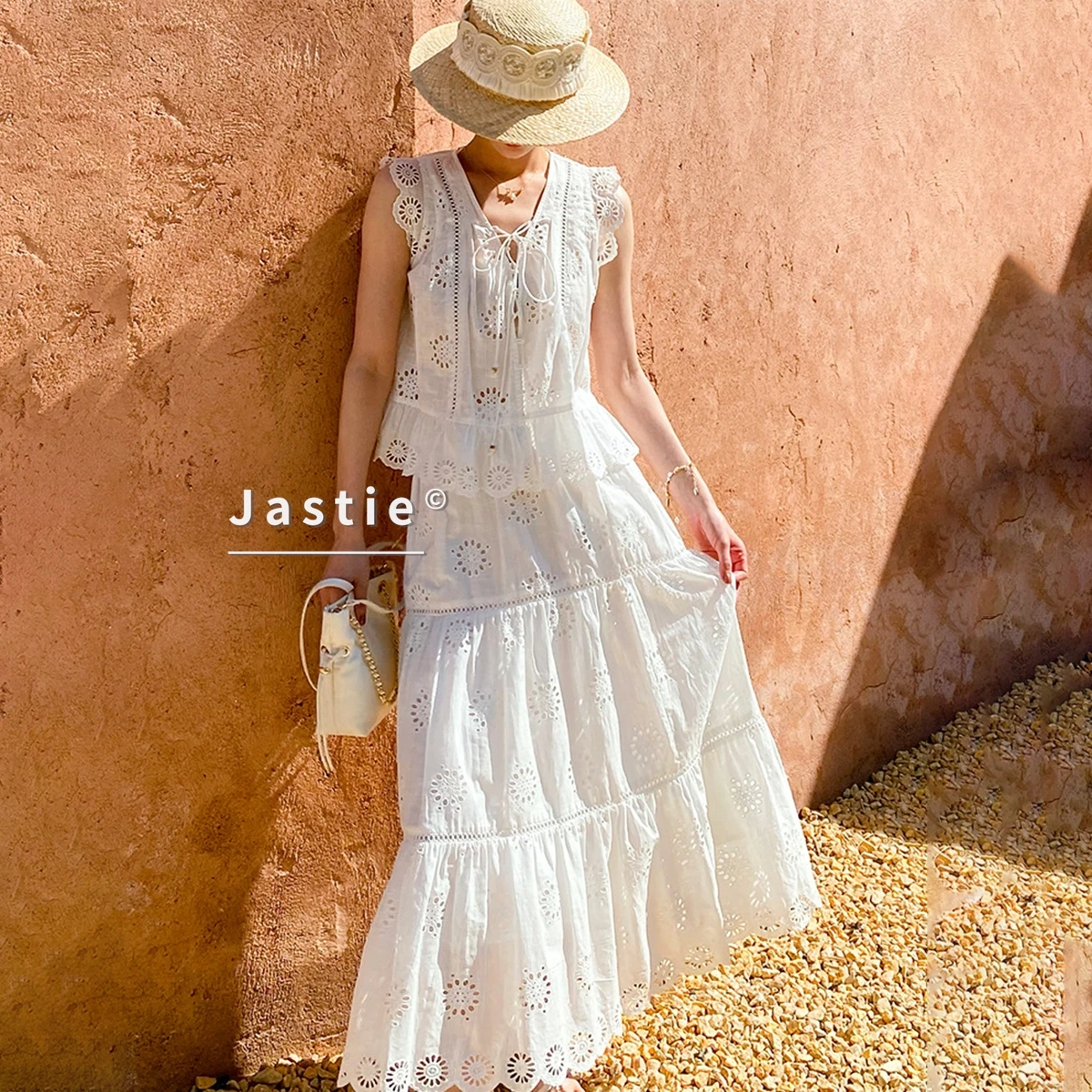

Bohemian White Lace-up Eyelet Embroidery Two Piece Set Women V Neck Tassel Ruffle Tank Top And Tiered Hollow Out Maxi Skirt