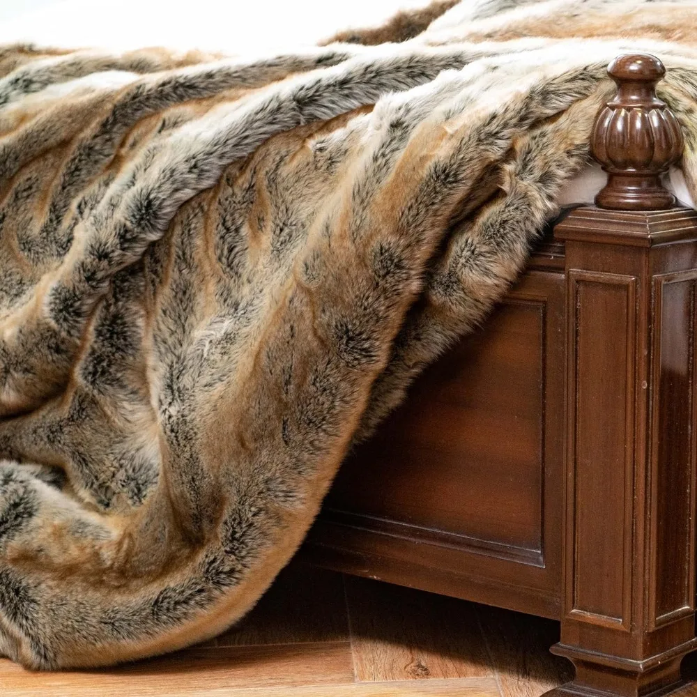 Luxury Brown Faux Fur Blanket Thick Warm Throw for Couch, Bed, Sofa Fluffy Blankets Decorative Reversible to Plush Velvet