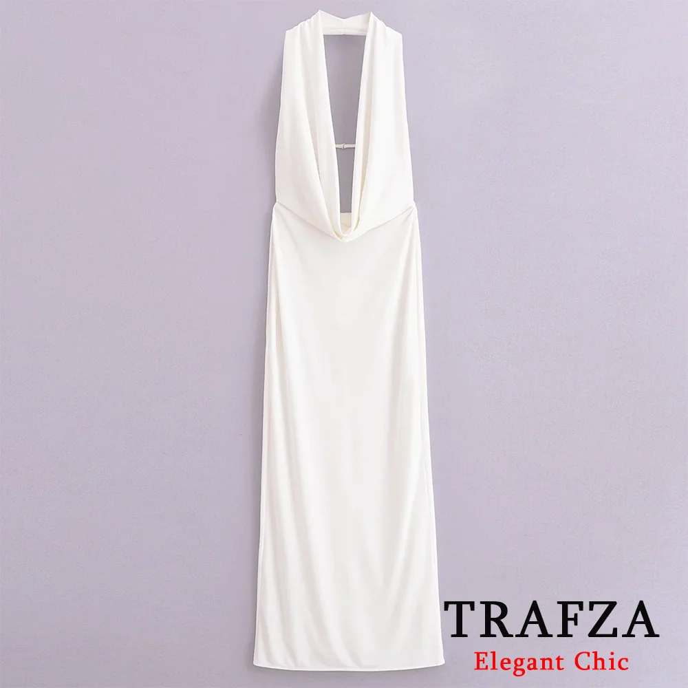 TRAFZA Vintage Sexy Women Solid White Neck-mounted Dress Fashion 2024 Summer Backless Long Dress Elegent Party Evening Dress