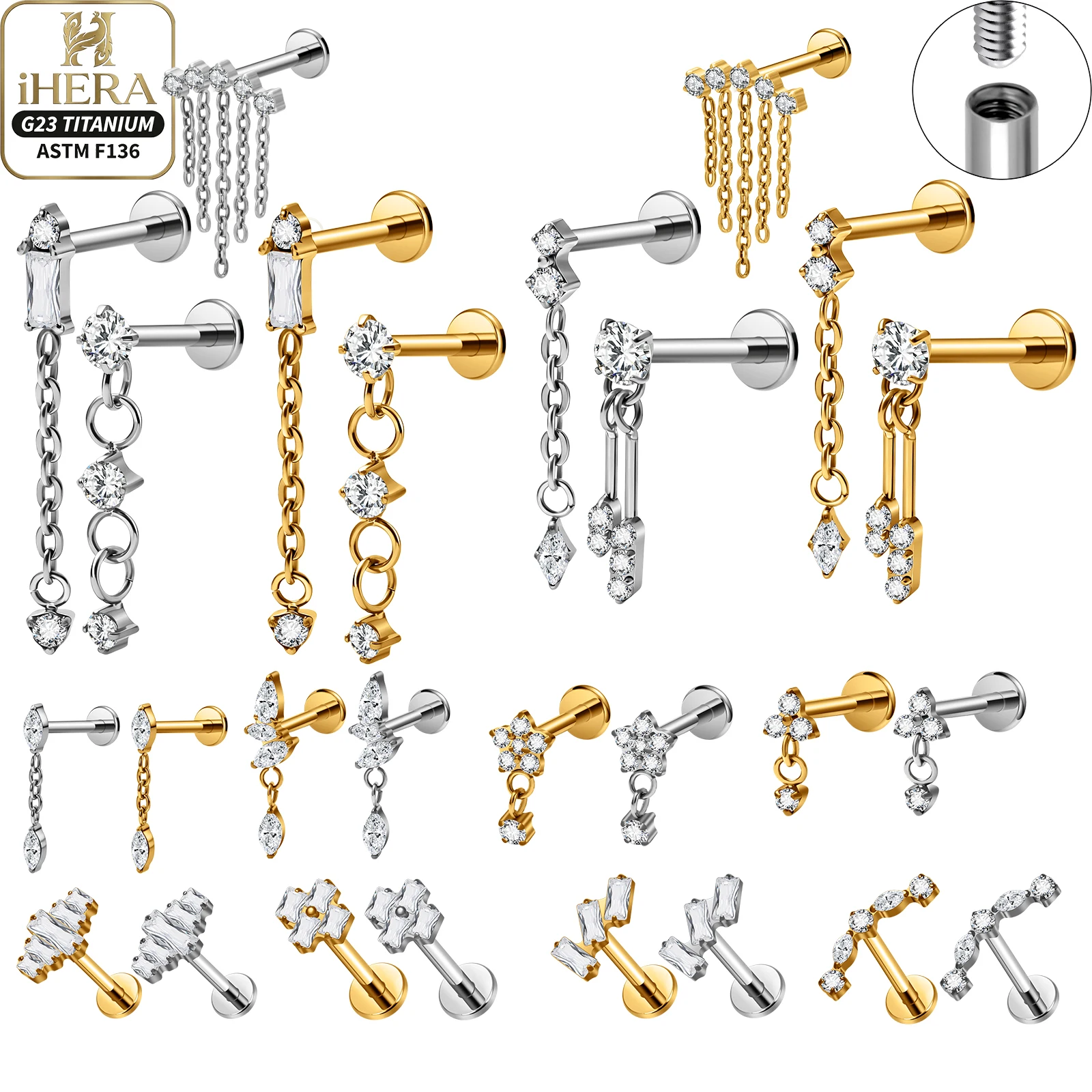 ASTM F136 Titanium Sparkly CZ Dangle Tassel Helix Piercing Flat Back Earrings Labret Stud Wholesale Body Jewelry Retainer