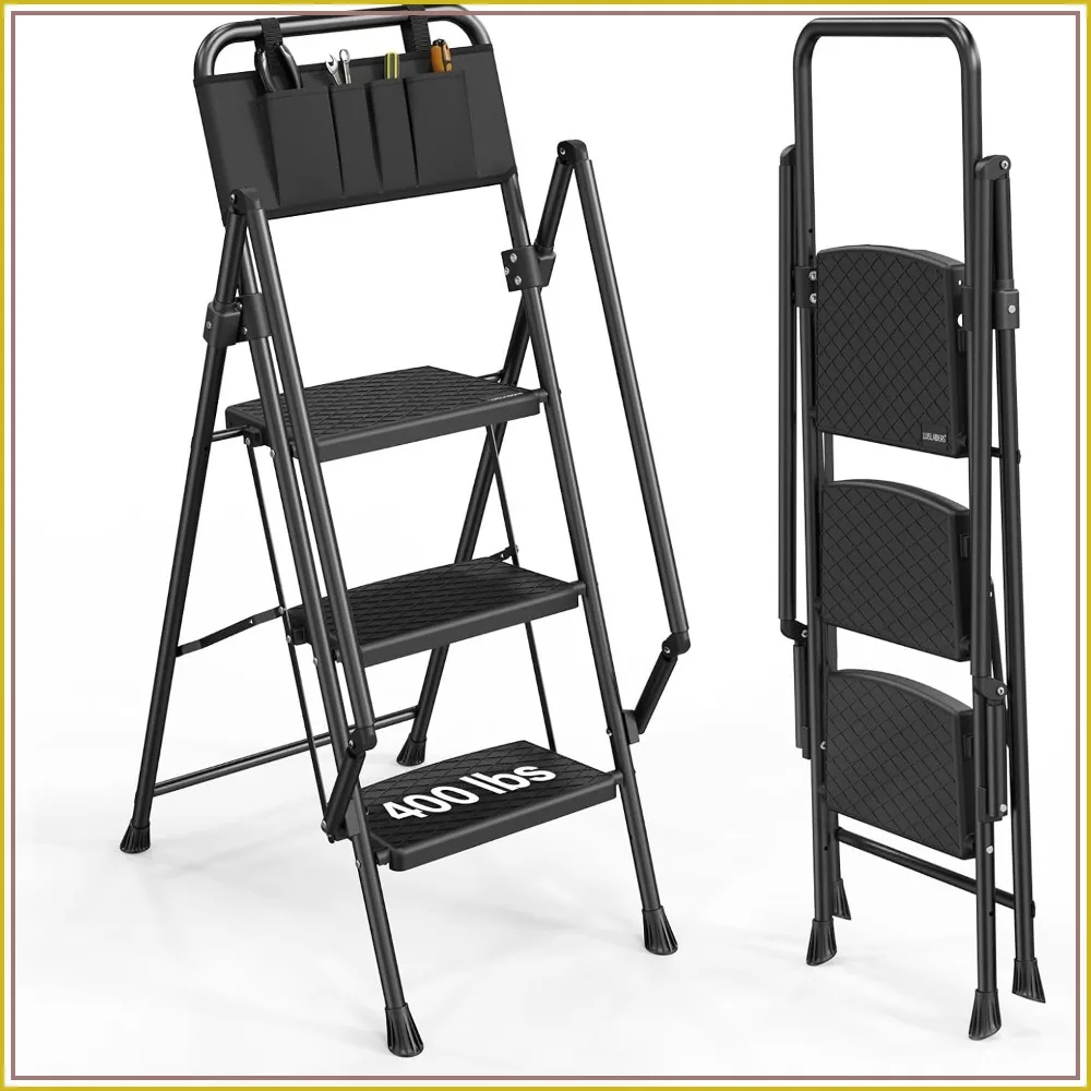 3 Step Ladder with Handrails, Folding Step Stool, Anti-Slip, 500lbs, for Home Kitchen Office