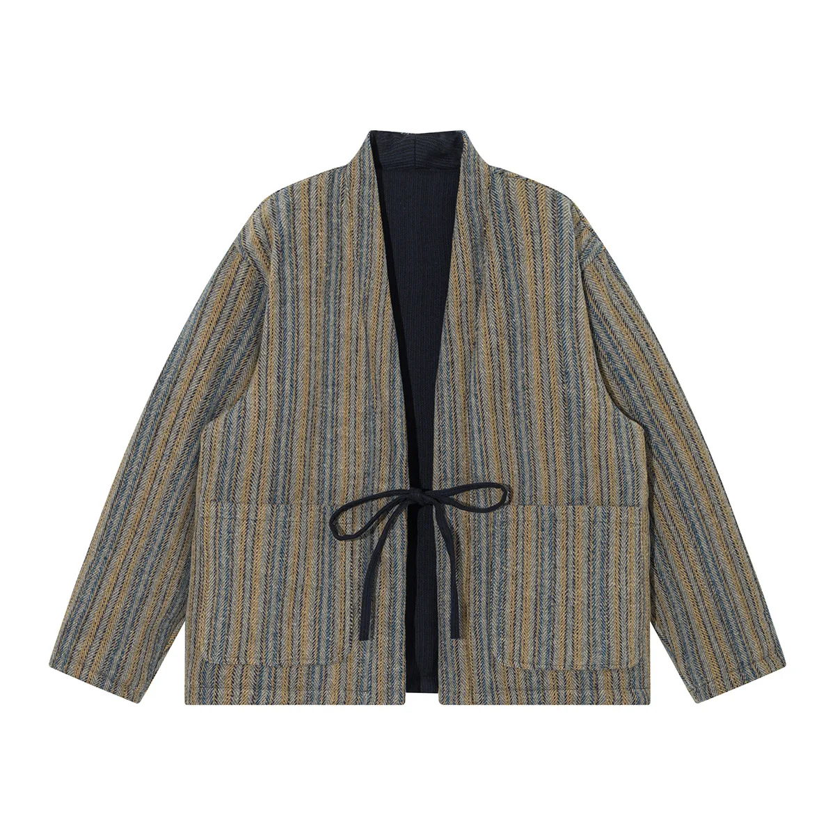 

Носимое зимнее теплое пальто с обеих сторон, мужская японская уличная одежда, винтажная полосатая свободная повседневная куртка-кимоно с подкладкой из хлопка, парка