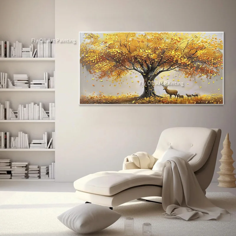 Abstract Tree Landscape Wall Art Hand Paint Golden Tree Canvas Texture Knife Oil Painting Home Decor For Living Room As Gift