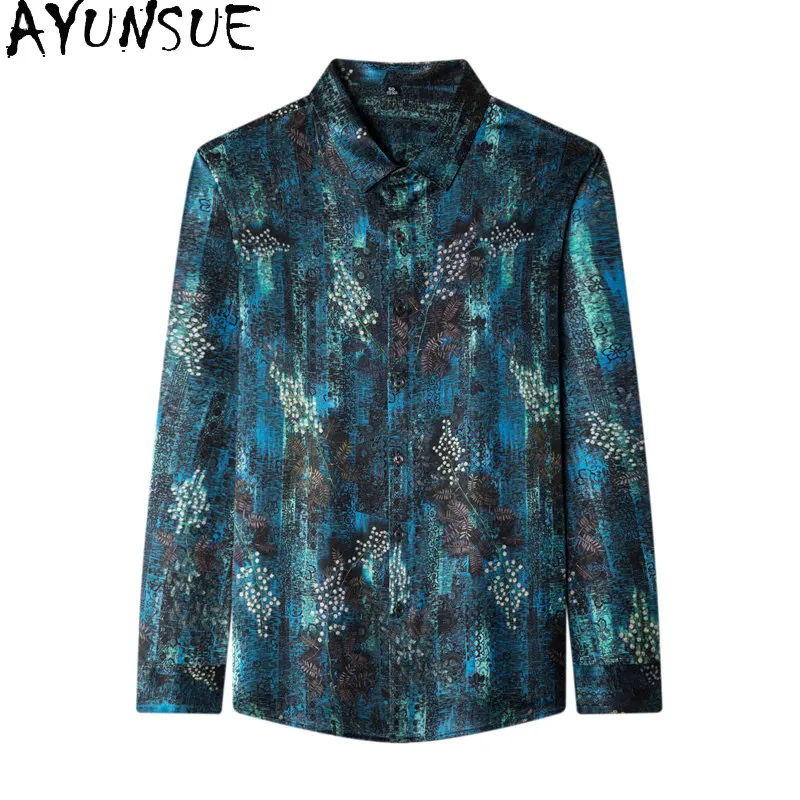 

Мужские рубашки AYUNSUE из 90,8% натурального шелка тутового шелкопряда, высококачественные атласные рубашки с длинными рукавами, модные повседневные мужские рубашки с принтом