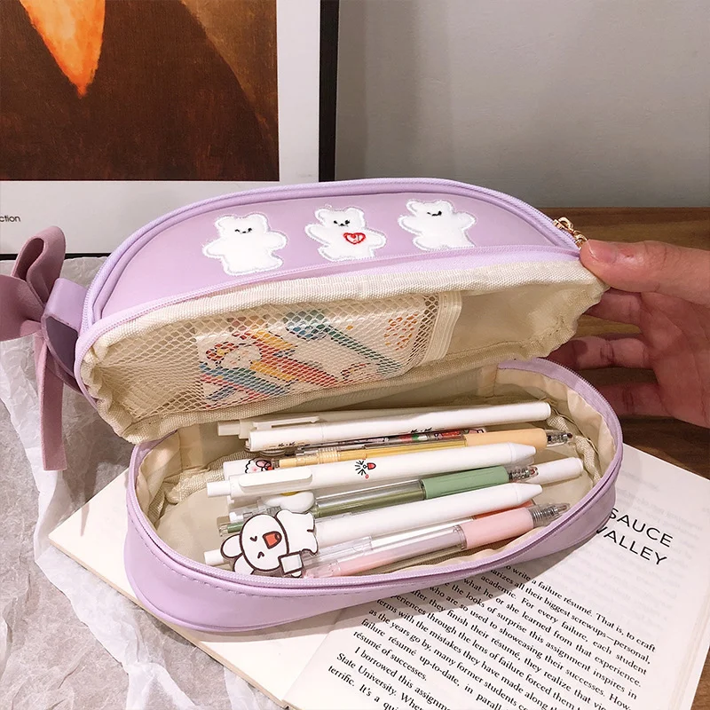 Kawaii Pencil Case Large Capacity Double-deck PU Waterproof Pencil Boxes School Stationery Supplies Cute Cosmetic Bag