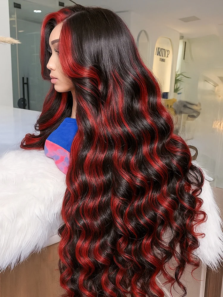 バレイヤージュ 1B/99J 5x5 クロージャーハイライトウィッグ 人毛 ブラジリアンボディウェーブ オンブレ レッドバーガンディカラー 人毛グルレスウィッグ