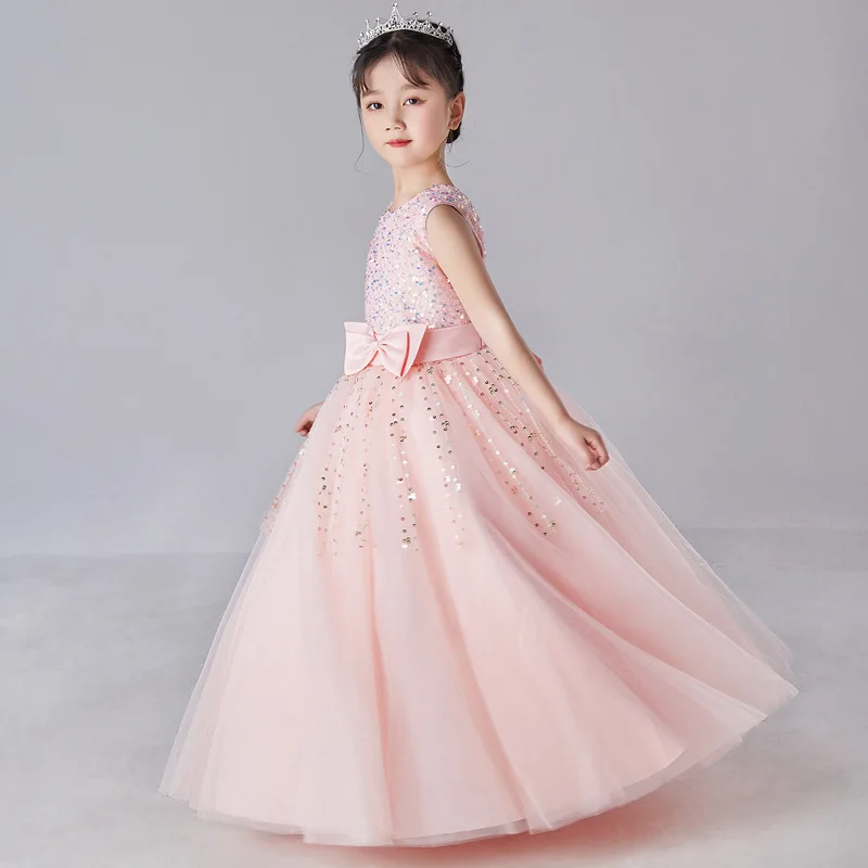 Robe de princesse élégante pour enfants, vêtements de fête d'anniversaire pour enfants, robe de Rhpour adolescentes, manches bouffantes à nœud mignon, nouveau