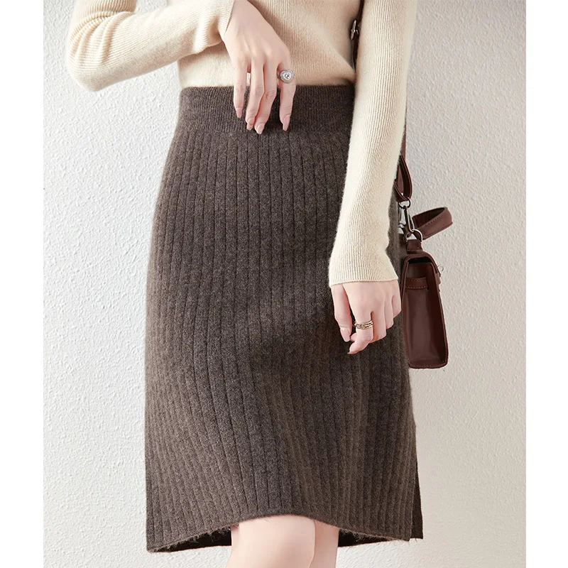 100% merino wool women's knitted skirt, elastic waist, casual, fashionable, striped, new autumn and winter 2024