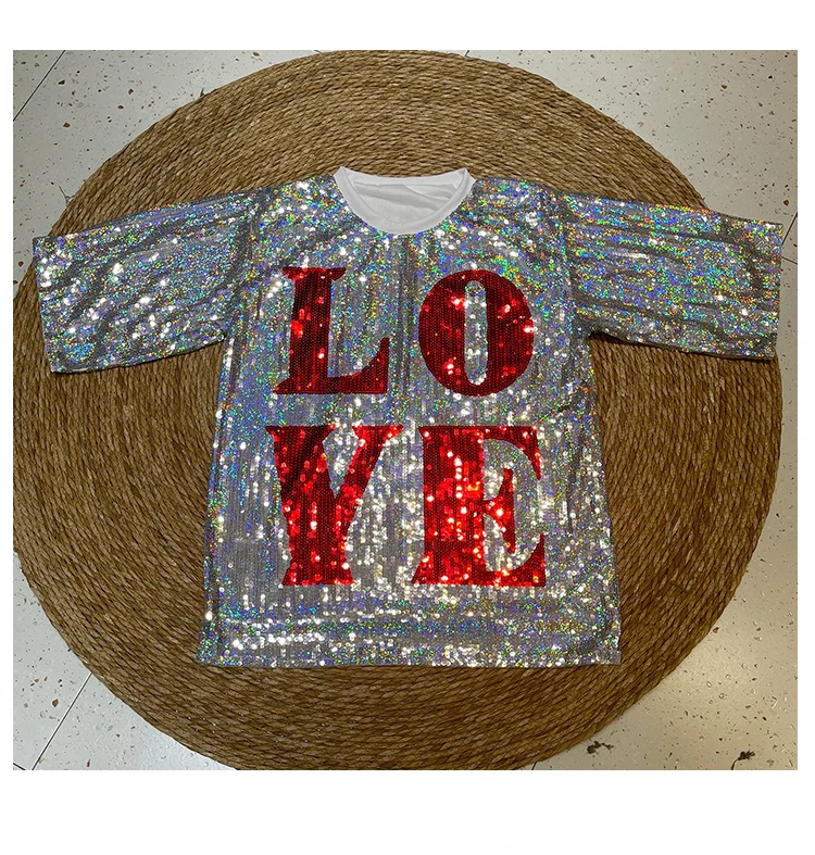 

Sequined Dresses women Long T-shirts Women's Loose short Sleeve sequines Tops dis5