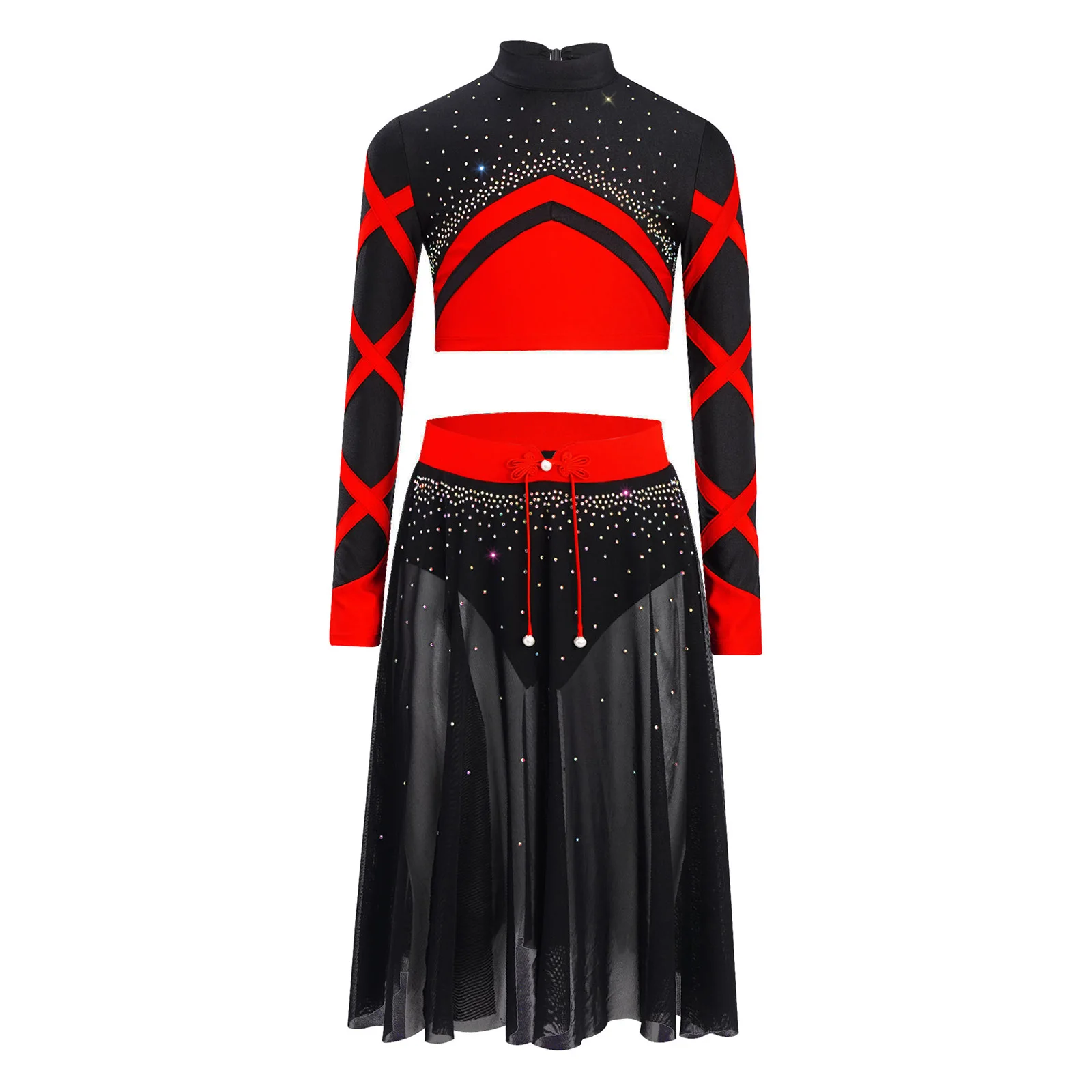 여자 리리컬 모던 댄스 의상 반짝이는 라인스톤 크롭 탑 사이드 슬릿 메쉬 스커트 체조 발레 피겨 스케이팅 의상