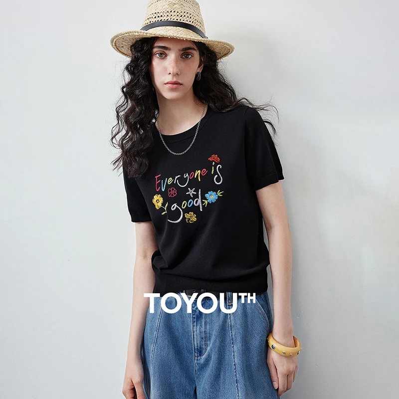 TOYOUTH Women Knit Top Summer 2026 Colorful Letter Flower Embroidery Round Neck Slim Fit Soft Comfortable Breathable