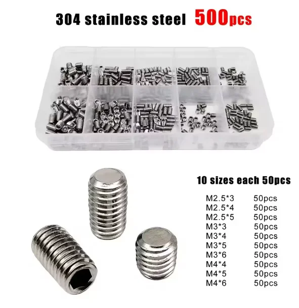 500/1500 M2 M2.5 M3 M4 M5 M6 M8 DIN913 304 Stainless Steel Black Hex Hexagon Socket Allen Flat Point Grub Bolt Set Screw Kit Box