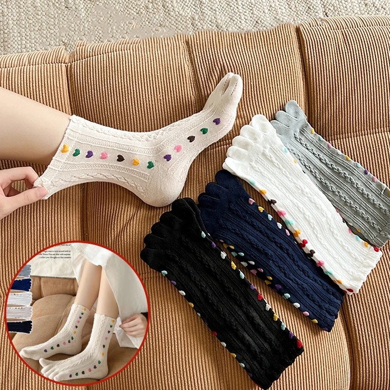 1Pair Ins Colorful Heart Braid Five Finger Socks For Women Spring Autumn Middle Tube Cotton Socks Breathable Crew Socks