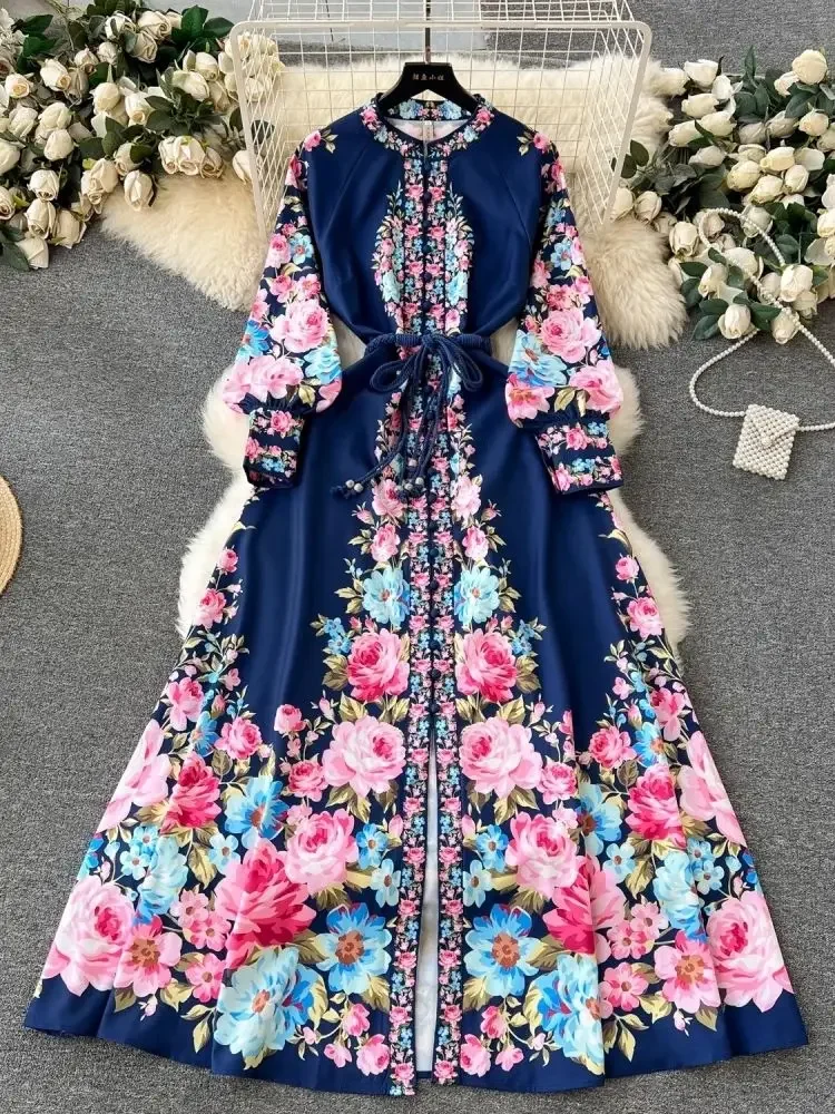 Elegant Gorgeous Print Flow Dresses Women Stand Collar Long Lantern Sleeve Linen Belt Sashes Single-Breasted Maxi Robe Clothes