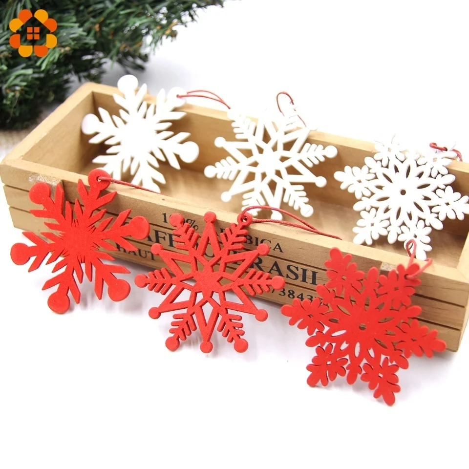 6PCS DIY White&Red Snowflakes Christmas Wooden Pendants Ornaments For Xmas Tree Ornaments Christmas Party Decorations Kids Gift