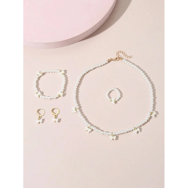 Juego de 5 piezas de collar, pulsera, anillo y aretes con colgante de perlas sintéticas geométricas para niñas