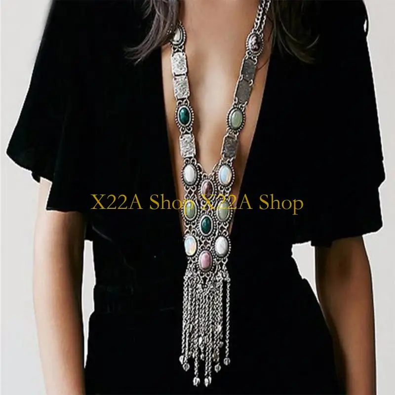 

Уникальное бирюзовое ожерелье ручной работы в этническом стиле Уникальное ожерелье-свитер с кисточками