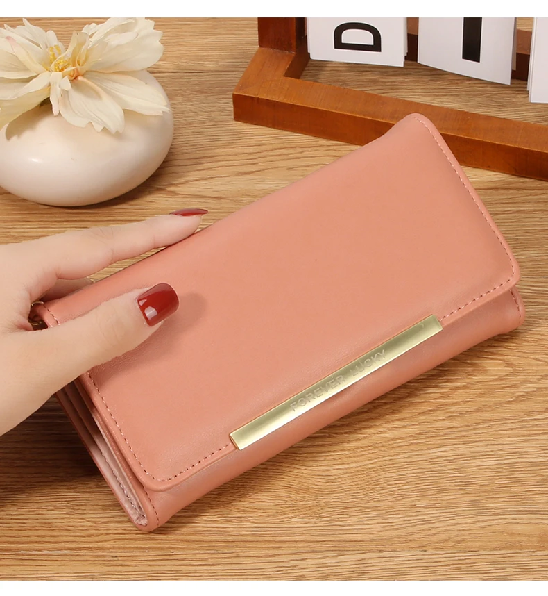 Damen Lange PU-Geldbörse 2-fach Faltbar Einfarbige Clutch mit Mehreren Kartenfächern Große Kapazität Reißverschluss-Geldbörse Koreanischer Stil Damen-Handgeldbörse – Detail 11