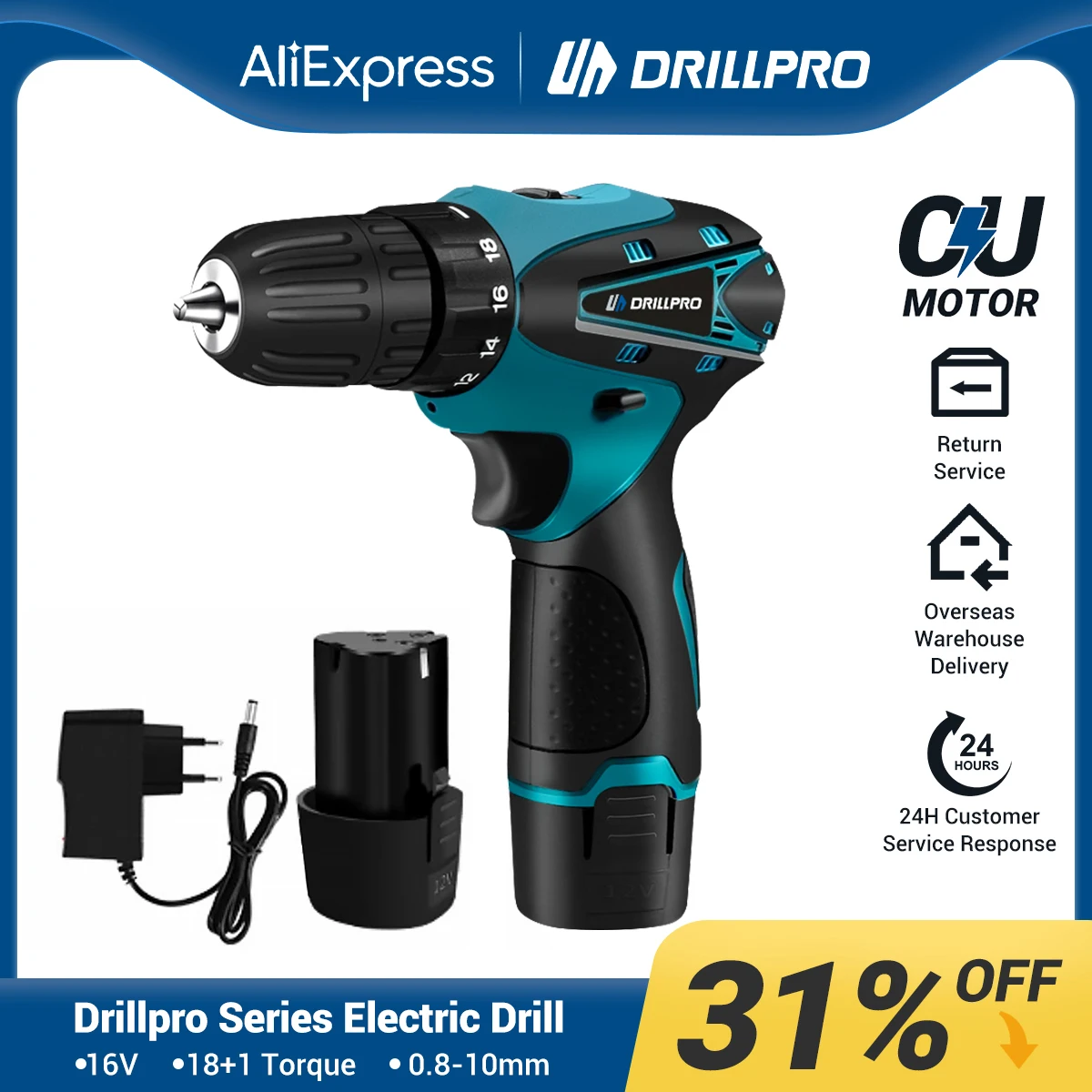 Drillpro 12MM 18+1 Torque Electric  Impact Drill Cordless Screwdriver With Lithium Battery Wireless Hand Drill DIY Power Tool