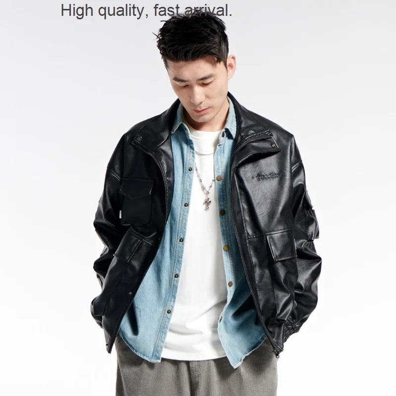 

Jacket Men's Leather Parka Letter Spring and Autumn Trends Loose Casual Motorcycle Jacket Short Air Force Jacket