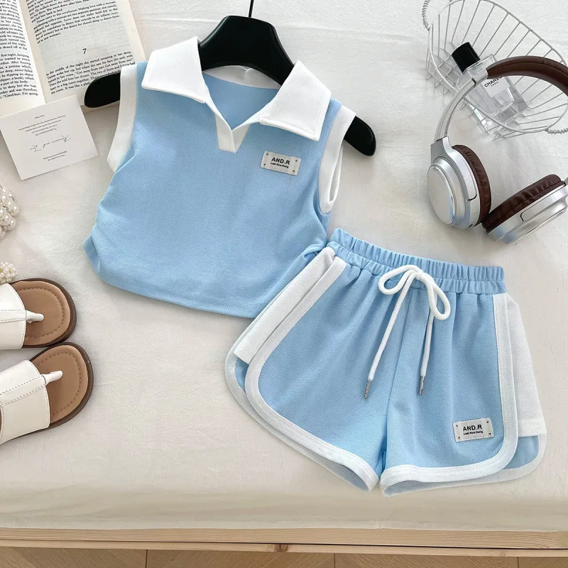 

Children's Set New Summer Girl Baby Casual Sports Hooded Sleeveless Top Shorts Cute Refreshing Two-Piece Set